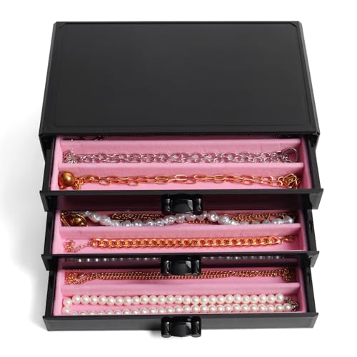 YUFONG Necklace Holder Organizer, Dustproof Necklace Box Velvet Necklace Organizer Box with Lid Clear Acrylic Dustproof Stackable Jewelry Displays for Necklaces Chain Display (Black Pink, 3 Drawer) - color: Black Pink, size: 3 Drawer