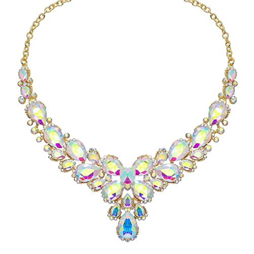Women's Wedding Bridal Austrian Crystal Glass Teardrop Statement Necklace Dangle Earrings Bracelet Ring Wedding Party Jewelry Set for Bridal Bridesmaid - color: AB Crystal-Gold Plated