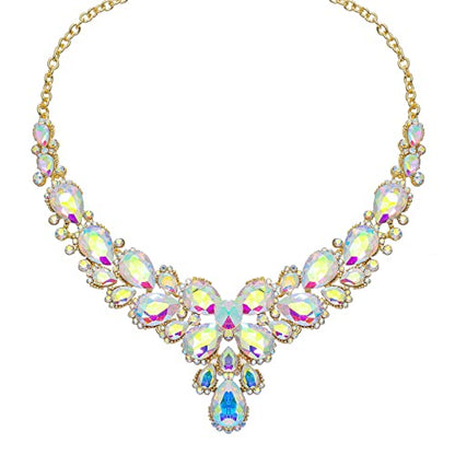 Women's Wedding Bridal Austrian Crystal Glass Teardrop Statement Necklace Dangle Earrings Bracelet Ring Wedding Party Jewelry Set for Bridal Bridesmaid - color: AB Crystal-Gold Plated
