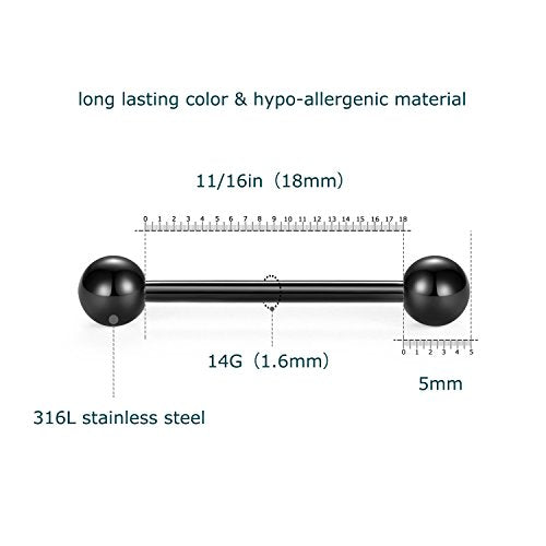 VCMART Nipple Rings Tongue Rings Stainless Steel 14G Straight Barbells Piercing Jewelry 12mm,14mm,16mm,18mm - color: 9 -18mm