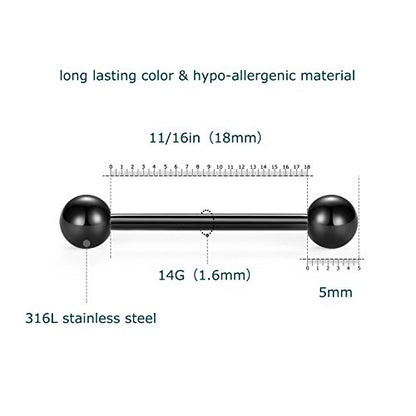VCMART Nipple Rings Tongue Rings Stainless Steel 14G Straight Barbells Piercing Jewelry 12mm,14mm,16mm,18mm - color: 9 -18mm