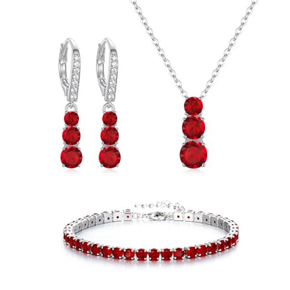 Crysdue Cubic Zirconia Jewelry Set for Women Bridesmaid, Classic Round Cut Drop Lightweight Lever Back Earrings Pendant Necklace Tennis Bracelet for Wedding Prom Party - style: 3pcs Red, Silver