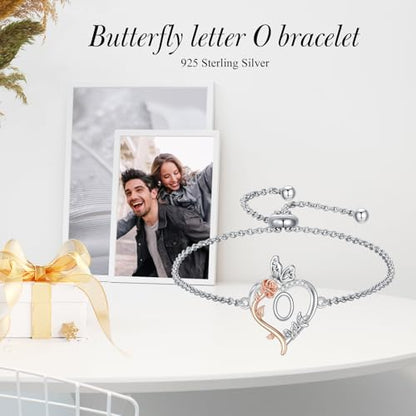 TOUPOP Gifts for Women Rose Heart Initial Bracelet 925 Sterling Silver Butterfly Letter Link Bracelet Love Jewelry Anniversary Birthday Gifts for Wife Girlfriend Mom Her - style: Initial O