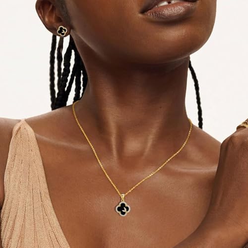 14K Gold Plated | 14K Platinum Plated Necklace for Women Necklace Earrings Set with Sparkling Zircon Inlay and Silver Post Earrings - color: clover suit gold