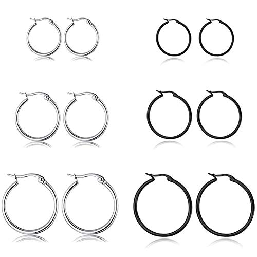 5-10 Pairs Small Gold Silver Hoop Earrings for Women, Stainless Steel Earrings Set Mens Lightweight Thin Hypoallergenic Small Hoops Set - style: 6pcs-Black+Silver