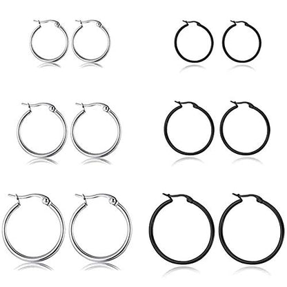 5-10 Pairs Small Gold Silver Hoop Earrings for Women, Stainless Steel Earrings Set Mens Lightweight Thin Hypoallergenic Small Hoops Set - style: 6pcs-Black+Silver
