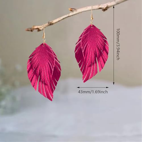 Handmade Bohemian Large Soft Genuine Leather Fringe Double Feather Dangle Drop Earrings Lightweight Simple Color PU Leaf Hook Earrings for Women - color: Rose Red