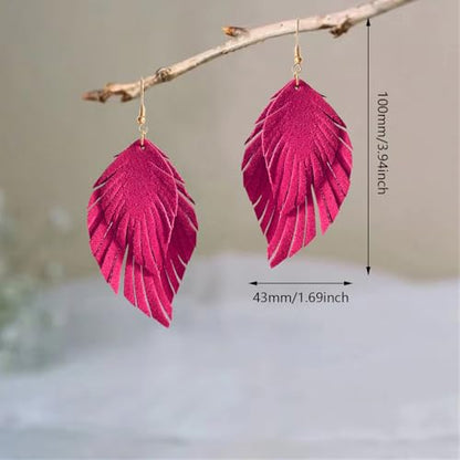 Handmade Bohemian Large Soft Genuine Leather Fringe Double Feather Dangle Drop Earrings Lightweight Simple Color PU Leaf Hook Earrings for Women - color: Rose Red