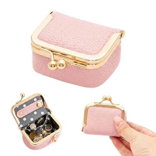 Genuine Leather Mini Jewelry Box Portable Vintage-Inspired Leather Small Coin Purse Jewelry Organizer Case Mini Travel Ring Box with Kiss Lock for Women Earring Ring Necklace - color: Pink