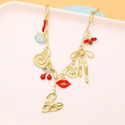 JNF Cute Shell Conch Boho Charm Necklace for Women Sun Moon Star Coin Heart Flower Boot Bow Charms Necklaces Summer Beach Jewelry - color: heart butterfly bow charms