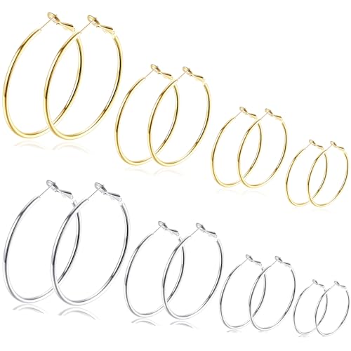 Gold Hoop Earrings Set for Women, Fashion Chunky Pearl Earrings Multipack Twisted Statement Earring Pack, Hypoallergenic Small Big Hoops Earrings for Birthday Party - color: 8 Pairs-gold and silver Hoops