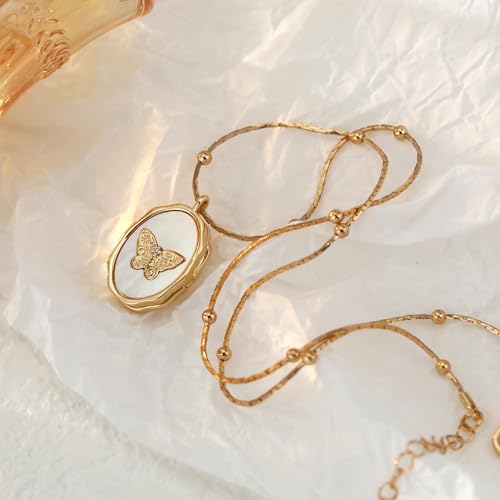 Locket Necklace for Women, Vintage Dainty Gold Heart Oval Butterfly Star Moon Engraved Picture Photo Lockets Pendant Necklaces Memorial Necklace Personalized Jewelry Valentine Gifts - style: Oval Butterfly