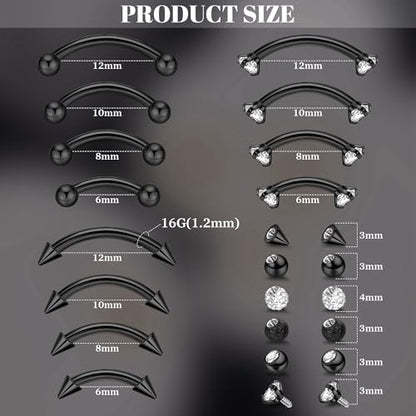 NICEIGHT 12Pcs 16G 18G Surgical Steel Eyebrow Piercing Jewelry for Women Men Small Curved Barbell Rings Vertical Labret Lip Jewelry Ear Rook Helix Daith Ring 6-12MM with 12Pcs Replacement Balls - color: Black, size: 16G