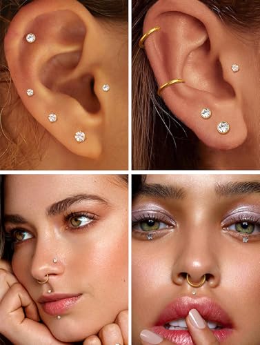 CASSIECA 14K Gold Filled Flat Back Nose Studs For Women Men Hypoallergenic Surgical Steel Nose Rings Hoops- Threadless Flat Back Earrings Helix Cartilage Tragus Conch CZ Stud Labret Lip Nostril Septum Ring Body Piercing Jewelry 20G 18G 16G