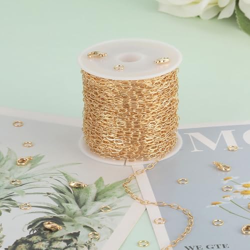 KYUNHOO 32.8FT/10M KC Gold Plated Iron Jewelry Making Chains Small Paperclip Chain Spool on Roll for Craft Making with Lobster Clasps and Jump Rings - color: Thin Paperclip Gold