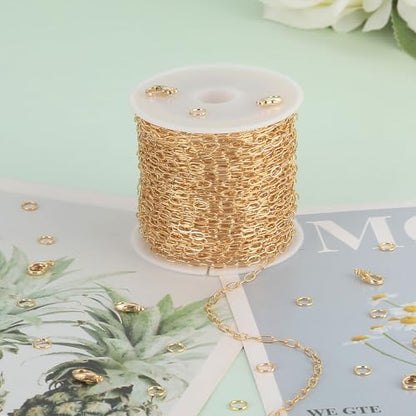 KYUNHOO 32.8FT/10M KC Gold Plated Iron Jewelry Making Chains Small Paperclip Chain Spool on Roll for Craft Making with Lobster Clasps and Jump Rings - color: Thin Paperclip Gold