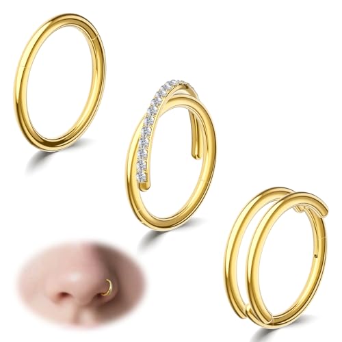 davka Nose Ring Set, 18G Hinged Hoop 8mm & 20G Nose Studs, Stainless Steel & Gold Plated, Hypoallergenic, Multiple Styles Nose Piercing Jewelry - color: Gold/3Pcs Hoops/18gauge 8mm/Set D