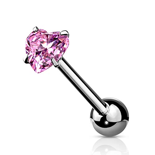 14 Gauge Prong Set Heart CZ 316L Surgical Steel Barbell Tongue Rings (Choose Color) - color: Pink
