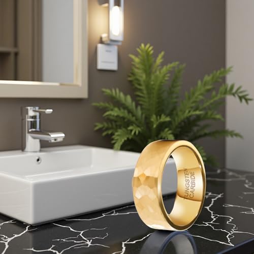 SX.man&sog Tungsten Carbide Rings for Men or Women,Stereoscopic Polygon Wedding Band for Men and Women Exchanging to Witness Each other's Loyal Love - color: Gold & Hammered - 8mm