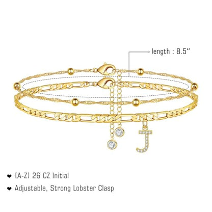 Gold Plated Initial Ankle Bracelets Stainless Steel 2 PCS Dainty Layered Figaro Beaded Chain CZ Letter Charm Anklets Summer Beach Jewelry Gift for Women - color: Gold Letter L