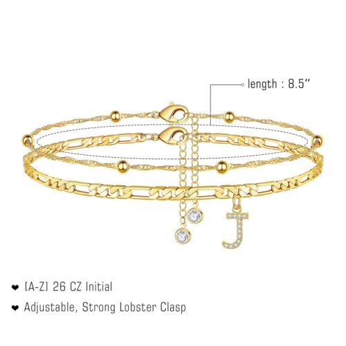 Gold Plated Initial Ankle Bracelets Stainless Steel 2 PCS Dainty Layered Figaro Beaded Chain CZ Letter Charm Anklets Summer Beach Jewelry Gift for Women - color: Gold Letter B