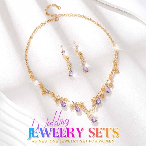 Gold Rhinestone Jewelry Set Bridal Wedding Necklace Earrings Sets Prom Formal Costume Jewelry for Women and Brides - color: Purple