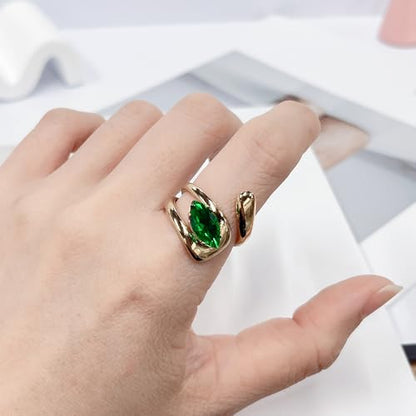 OIDIMS Elegant CZ Wrap Open Ring for Women Sparkly Cubic Zirconia Adjustable Stacking Rings Trendy Wedding Band 18K Gold-Tone Plated Stainless Steel Comfort Fit Knuckle Fashion Jewelry - color: Green