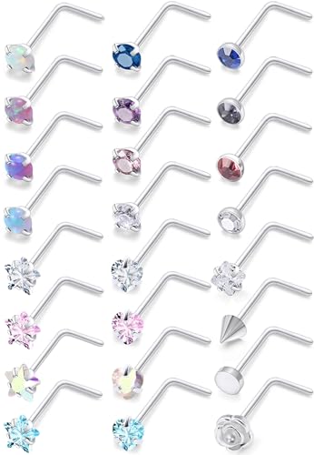 20G 18G 16G Cubic Zirconia Nose Rings Studs 316L Surgical Steel Hypoallergenic Nose Piercings Jewelry for Women Men CZ 2mm-3mm 24 Pcs - color: D-2:18G L Shaped + Silver Tone