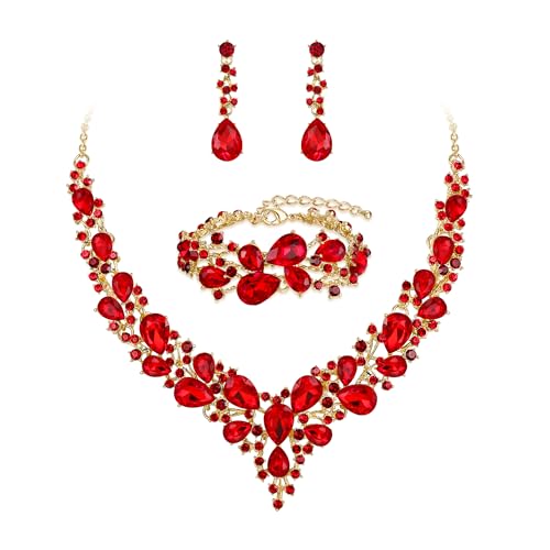 Wedding Bridal Jewelry Set for Women Bride Bridesmaids | Gorgeous Austrian Crystal Teardrop Cluster Statement Necklace Dangle Earrings Link Bracelet Set Prom Jewellery - color: 20-Ruby Color Gold-Plated-Base