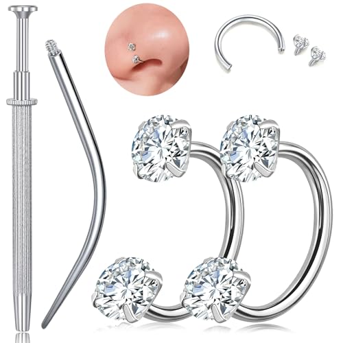 G23 Titanium Horseshoe Nose Ring 20G, 2 Pcs Double Gem Nose Ring for Women, 6mm 7mm 8mm Hypoallergenic Horseshoe Nose Rings Helix Tragus Earring Hoops Labret Lip Piercing Jewelry Small Septum Rings - color: 2Pcs-Silver-White CZ