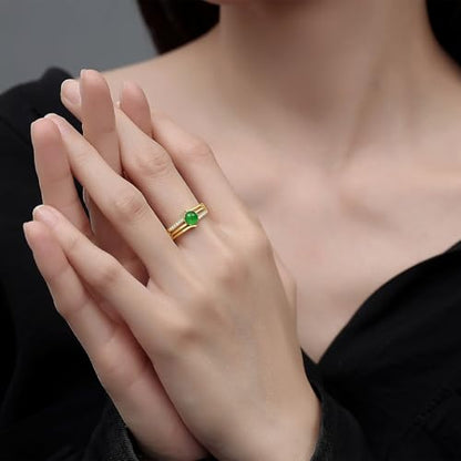 MRW Rings For Women Handmade Natura Green 925 Sterling Silver Gold Plated Zircon Ring Jewelry For Women - color: NATURAL JADE（Line Design）