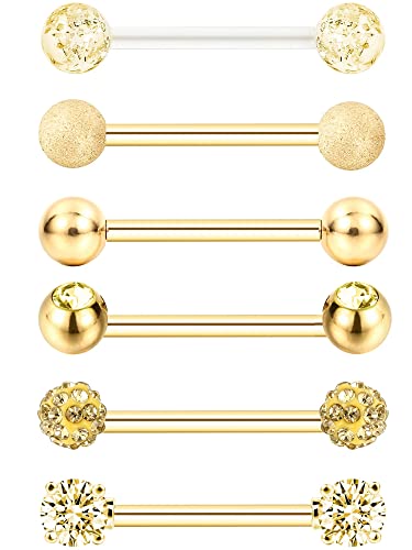 Sumind 6 Pairs Nipple Tongue Ring Stainless Steel Barbell Rings Cubic Zirconia Nipplerings Body Piercing Jewelry, 14 Gauge (Gold Color)
