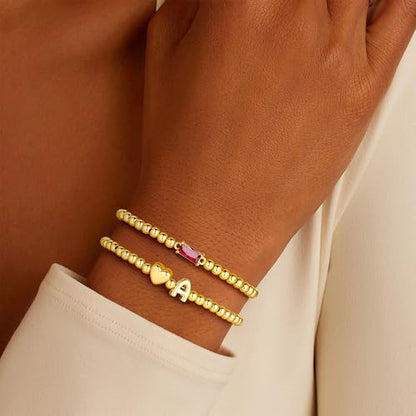 Turandoss Birthstone Beaded Bracelets for Women – Dainty 14K Gold Plated Heart Initial A-Z Charm Birthstone Bracelets, Stackable Waterproof Strand Bead Ball Bracelet Jewelry Birthday Gifts - color: Sep-Sapphire, style: L