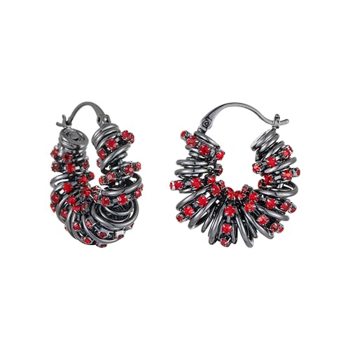 Statement Earrings for Women | Chunky Gold Hoops Rhinestone Thick Hoop Earrings 14K Gold Plated Hypoallergenic - color: Silver-Red