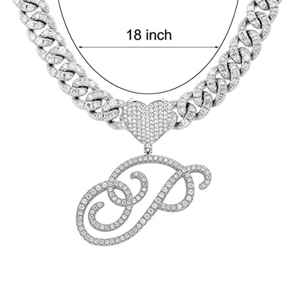 Initial Necklaces Silver Cuban Link Chain for Women Iced Out Chain with Heart Letter Pendants Custom Chain Name Necklace Hip Hop Jewelry Gift - color: P