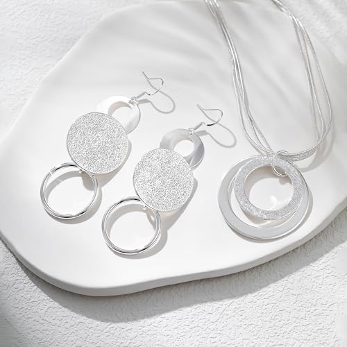 3 Circles Silver Hoop Earrings Necklace Set for Women Geometric Jewelry Set | 925 Silver Hypoallergenic Small Hoop Circle Geometry Textured Finish Minimalist Style Comfortable Wear - style: 2 Hoop