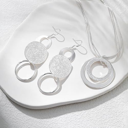 3 Circles Silver Hoop Earrings Necklace Set for Women Geometric Jewelry Set | 925 Silver Hypoallergenic Small Hoop Circle Geometry Textured Finish Minimalist Style Comfortable Wear - style: 2 Hoop