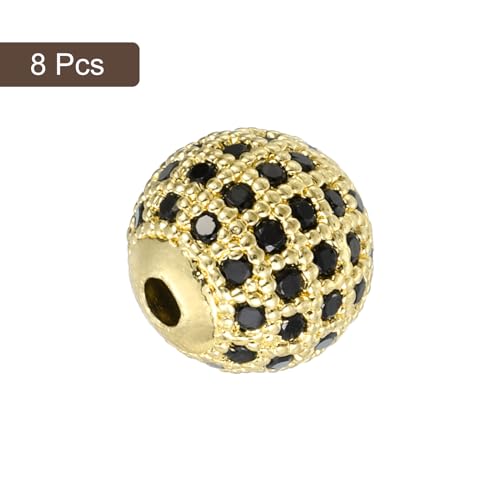 UXCell Round Charm Spacer Beads, 8Pcs 10mm - Brass Rhinestone & Zircon Beads for DIY Bracelets & Earrings (Black - Gold) - color: Gold, size: 10mm