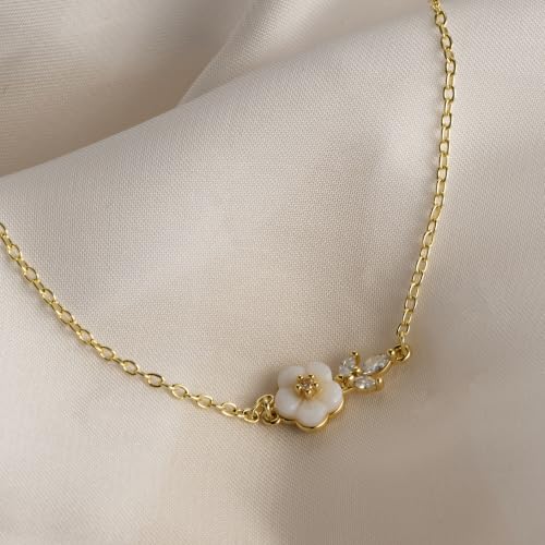 Gold Bracelets for Women Pearl Bracelet 14k Gold/White Gold Plated | Dainty Cubic Zirconia CZ Accented, Bridesmaid Jewelry, Prom Bracelet, Wedding Bracelets for Brides - color: gold-cute flower