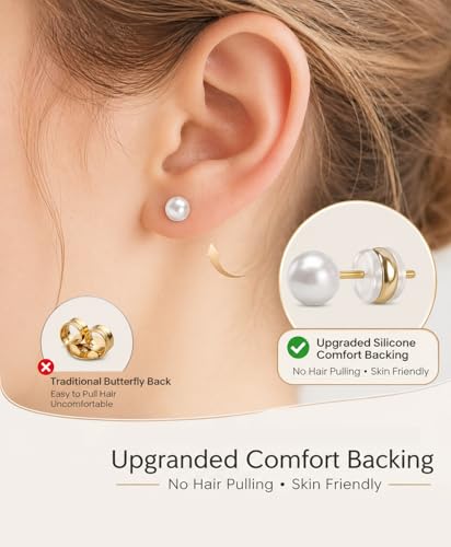 Stainless Steel Stud and Hoop Earrings Sets for Ear Stacks | Choose gold or silver pearl studs, CZ studs, flat backs, butterfly backs, hoops and multi-pair ear stack sets. - color: 7 Pairs 20G Gold-Pearl