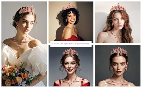 Kamirola Tiaras and Crowns for Women,Tiaras Earrings Necklace, Crystal Bridal Jewelry Set, Costume Party Halloween Prom Pageant Jewelry for Women(TR45) - color: Gold Red