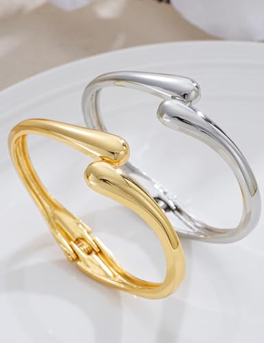 Chunky Gold Bangle Bracelets for Women, Dainty 14k Gold Plated Big Stackable Bangles Set, Trendy Statement Cuff Bracelet Stack Fashion Jewelry Gifts - style: 2 Silver & gold thin bangles