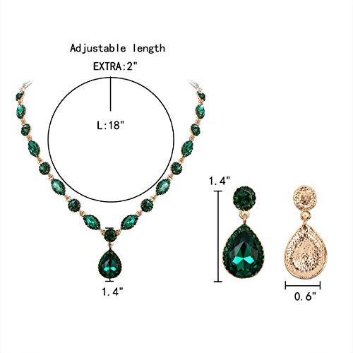 EleQueen Women's Teardrop Necklace Earrings Jewellery Set for Party Prom | Wedding Bridal Costume Jewelry Set for Brides Bridesmaids, Crystal Teardrop Necklace Dangle Earrings - color: Emerald Color Gold-Tone