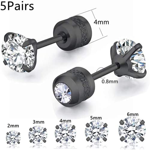 5 Pairs Titanium Screw Back Stud Earrings Set for Sensitive Ears, Hypoallergenic Surgical Stainless Steel Double Sided Round Cubic Zirconia Earrings for Women Men - color: 5pcs black stud set