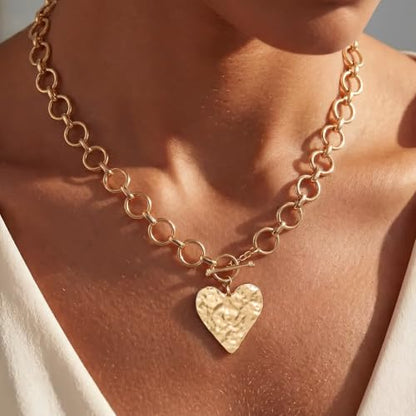 Chunky Gold Necklace for Women | 14K Gold Plated Hammered Heart Pendant O-Link Chain Necklace with Toggle Clasp, Waterproof Statement Jewelry Gift for Her - color: Chunky Gold Heart Necklace