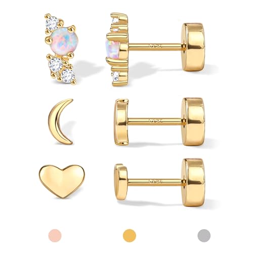 14K Gold Plated 925 Sterling Silver Flat Back Earrings Set | Hypoallergenic Cartilage Helix Conch Tragus Piercing Jewelry 3 Pairs Small Screw Dainty CZ Opal Earring Set Men Women - color: Gold, Style D