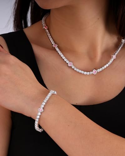 LuxeFlex 4mm Iced Out Four Leaf Tennis Chain,White Gold Plated with 5A Zircon Stones, exquisite Handmade Hip Hop Bling Necklace Perfect Unisex Jewelry Gift - color: White Gold-Pink, size: 16 INCH