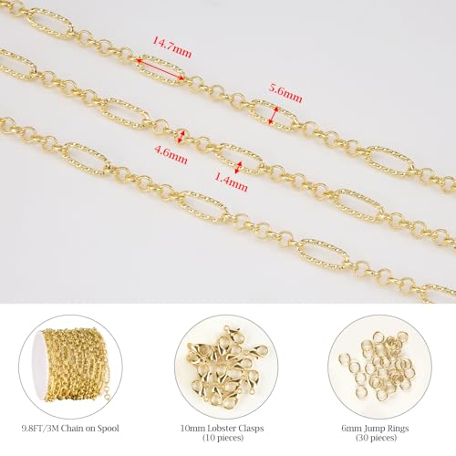 3M Mixed Material Chain Roll 18K Gold Plated Circle Chains Bulk | Embossed Paperclip Jewelry Links for Women Men DIY Handcraft Finding Jewelry Supplies - color: Small Circle Gold