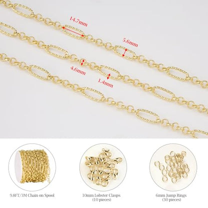 3M Mixed Material Chain Roll 18K Gold Plated Circle Chains Bulk | Embossed Paperclip Jewelry Links for Women Men DIY Handcraft Finding Jewelry Supplies - color: Small Circle Gold