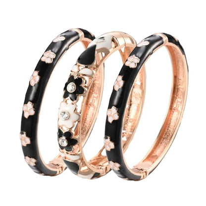 UJOY Womens Multi-Colors Cloisonne Bracelet Plated Flower Hollowed Enameled Hinged Cuff Bangles Jewelry Gift 88A10 - color: 3 Pcs/Set-Black-A18